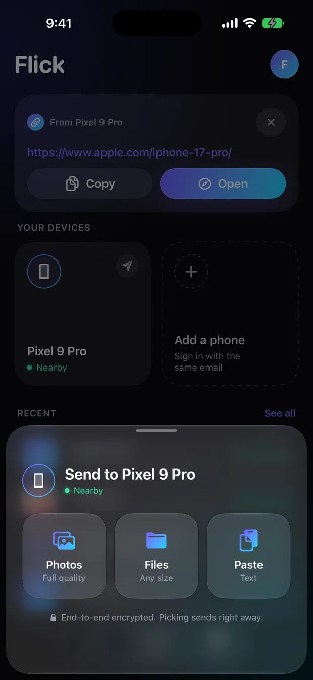 Send to Pixel 9 Pro sheet with Photos, Files and Paste buttons.